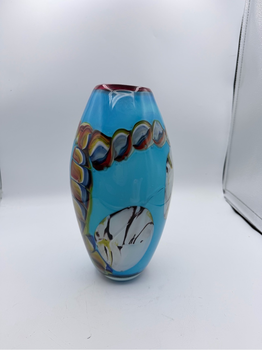 Blue Multicolor Art Glass Vase 10.5”
